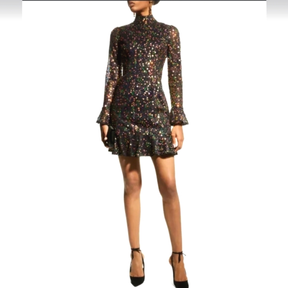 AIDEN by Aiden Mattox Black & Multi Sequin Embellished Gold Long Sleeve Mini 2